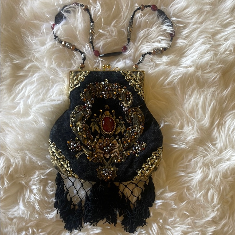 Mary Frances Black and Gold Clutch with Intricate Design